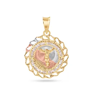 14P00090. - 14 Karat Yellow Gold 2 Tone 20mm Diamond Cut Bezel Jesus Christ Clear CZ Pendant