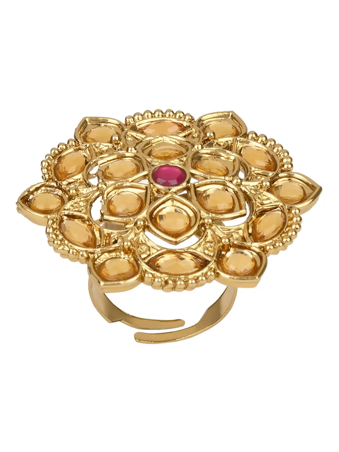 18k Gold Plated Traditional Work Moti Finger Ring Glided For Women/Girls