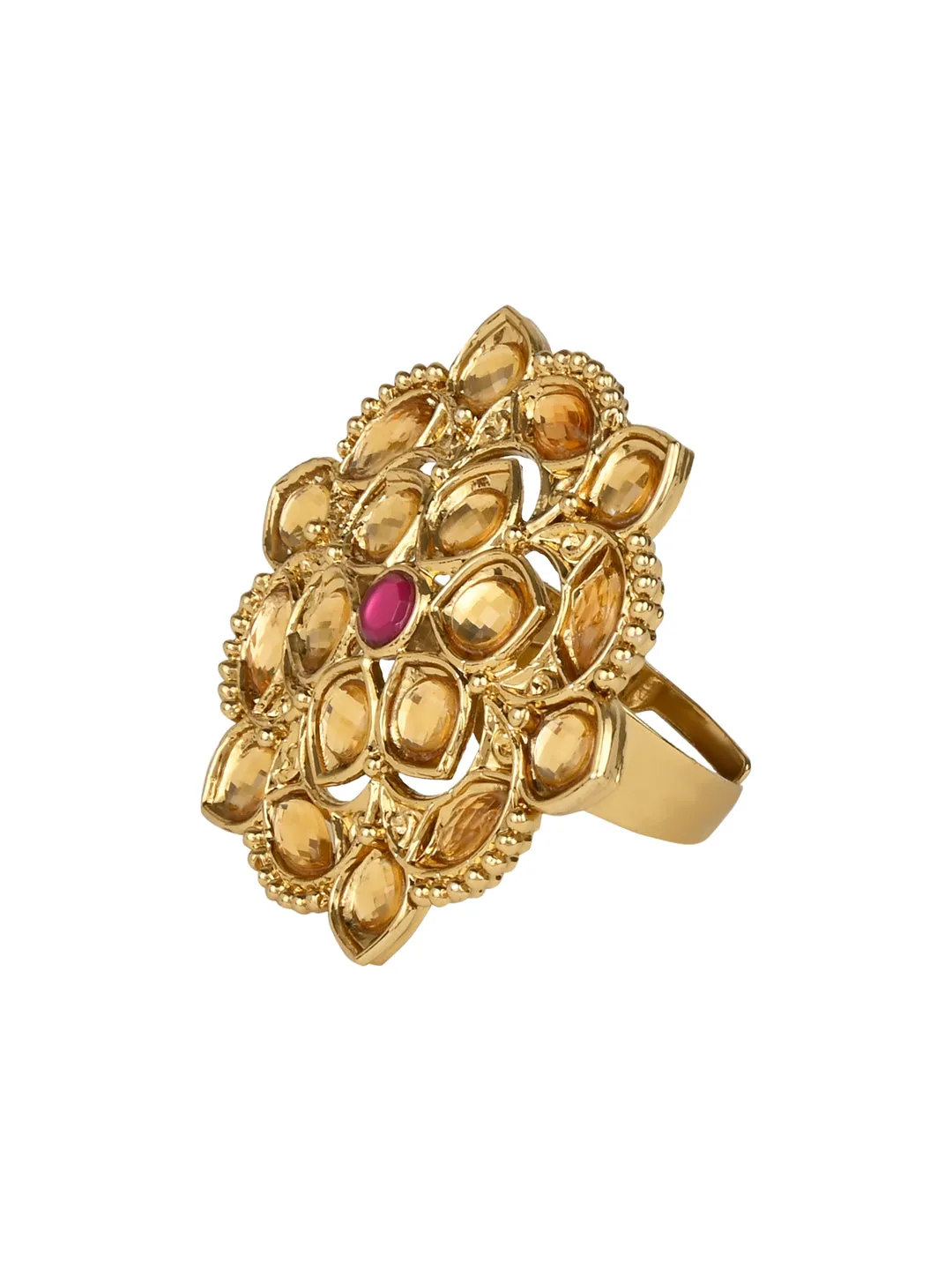 18k Gold Plated Traditional Work Moti Finger Ring Glided For Women/Girls