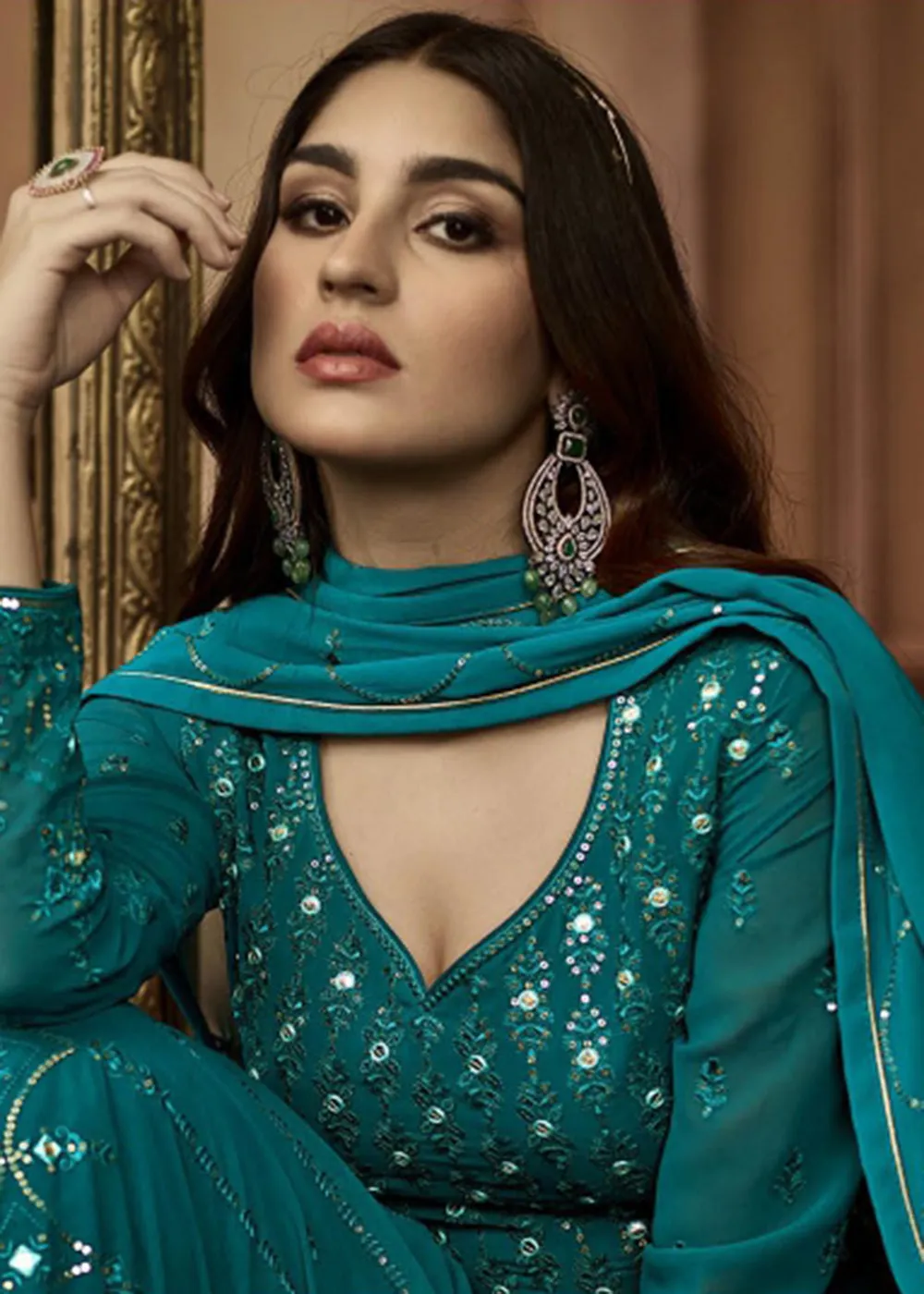 Beauteous Teal Green Sequins Wedding Festive Anarkali Suit