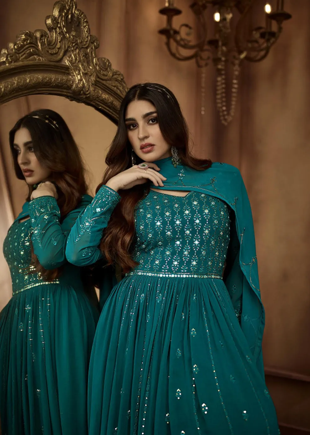 Beauteous Teal Green Sequins Wedding Festive Anarkali Suit