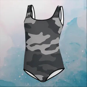 Black and Grey Camo Print Youth Swimsuit