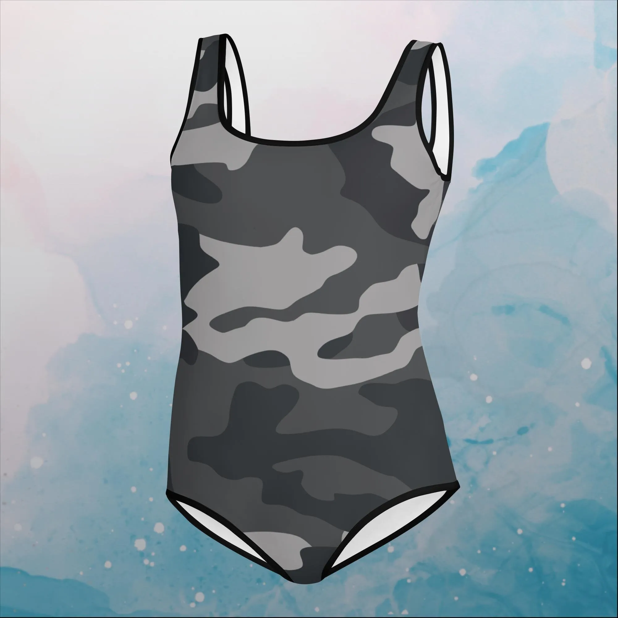 Black and Grey Camo Print Youth Swimsuit