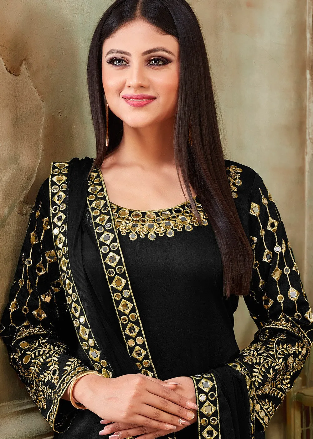 Black Art Silk Mirror Work Patiala Suit