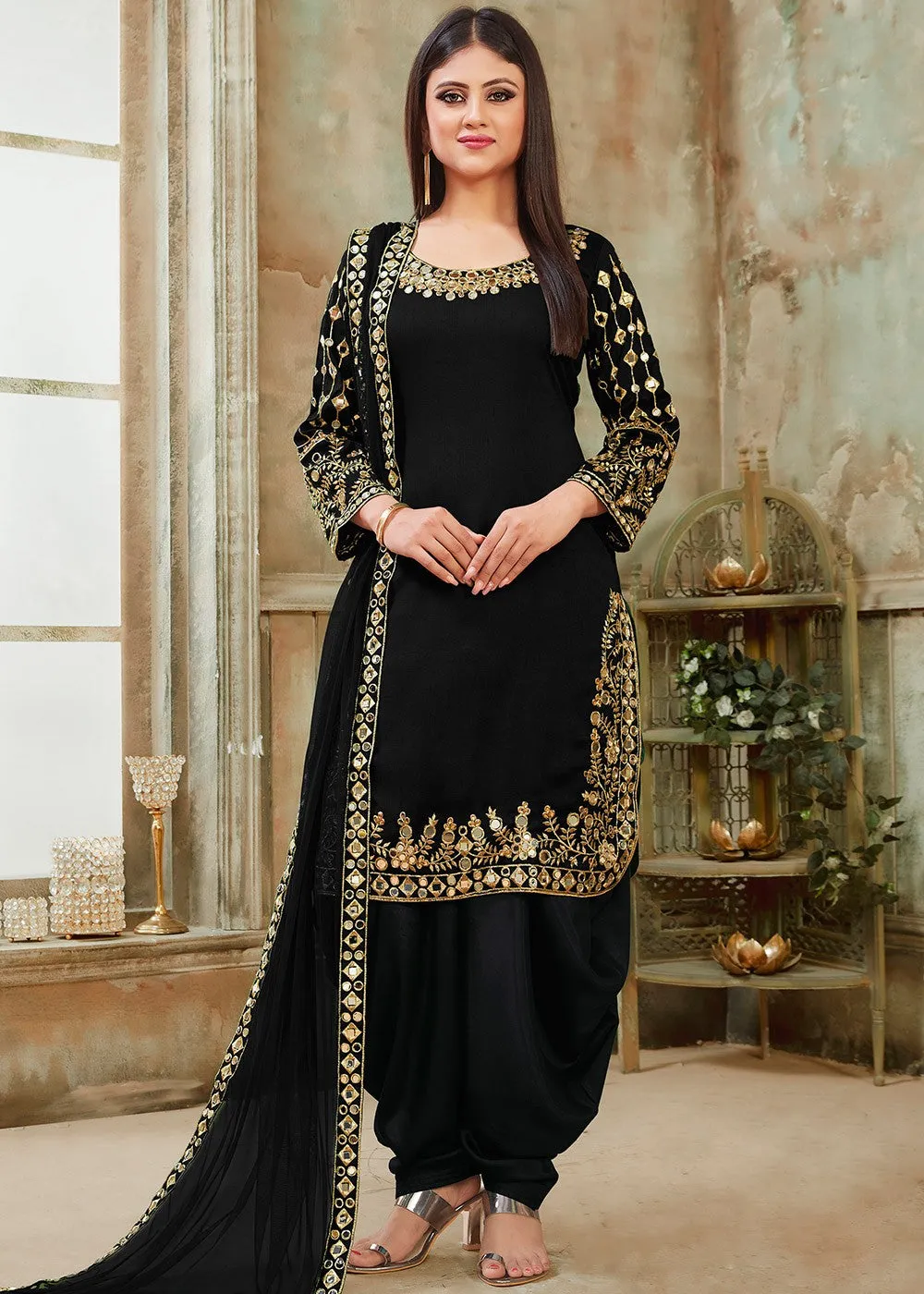 Black Art Silk Mirror Work Patiala Suit