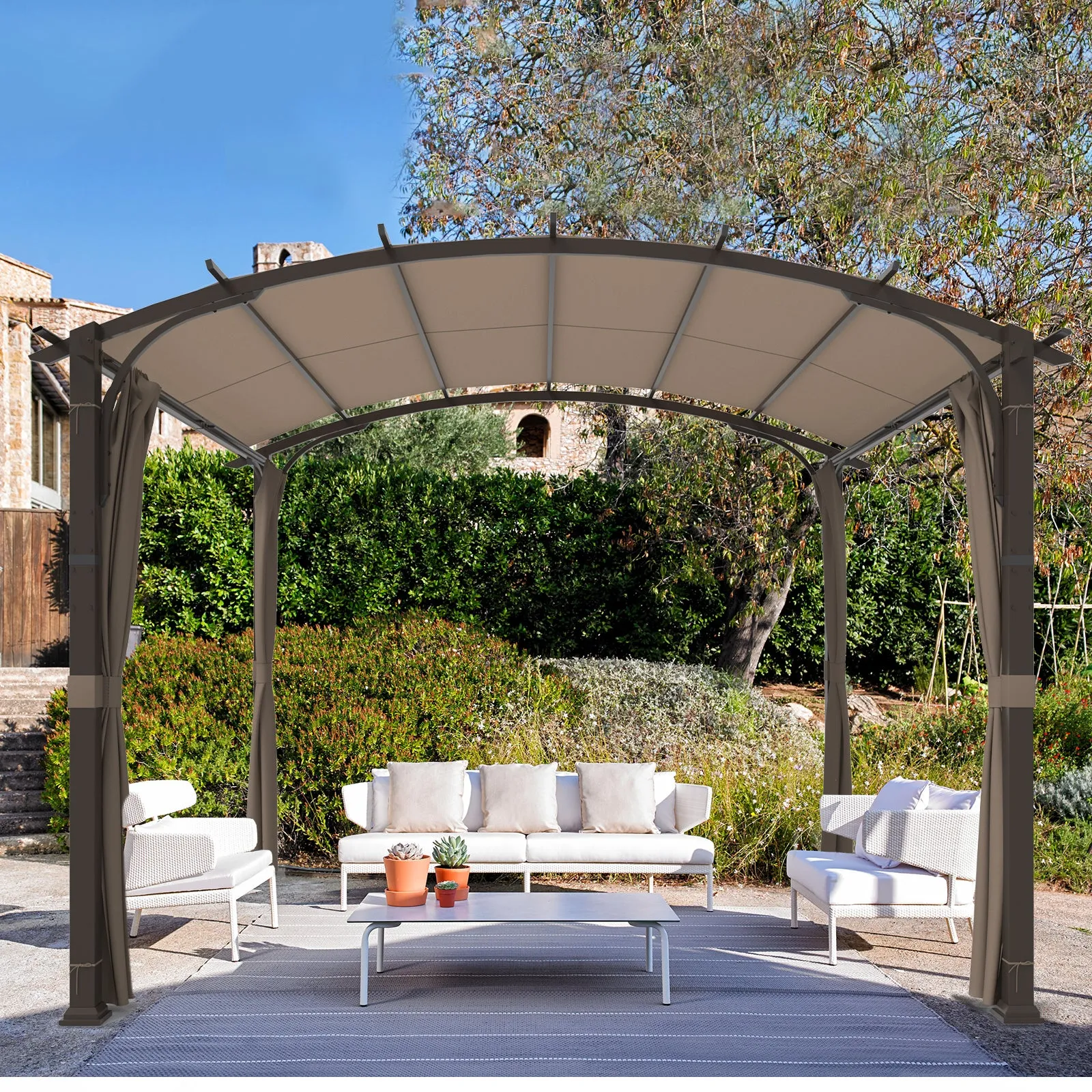 COOS BAY Outdoor Pergola 11x11, Patio Metal Sunshelter with Sidewall, Textilene Canopy Shade