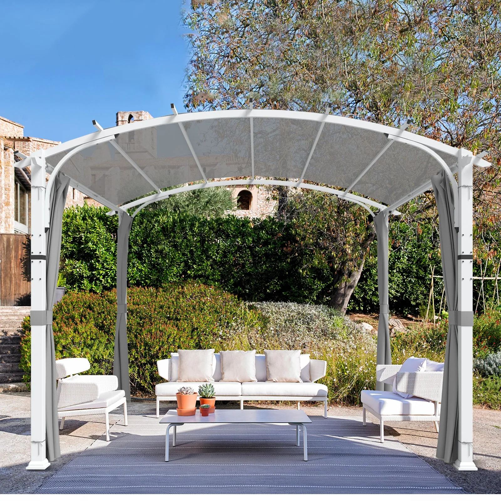 COOS BAY Outdoor Pergola 11x11, Patio Metal Sunshelter with Sidewall, Textilene Canopy Shade