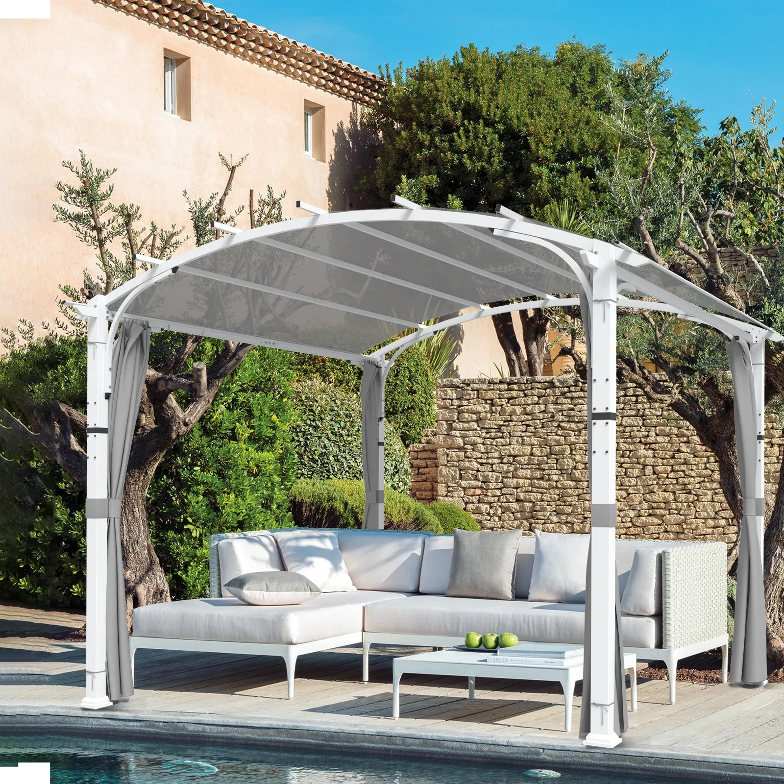 COOS BAY Outdoor Pergola 11x11, Patio Metal Sunshelter with Sidewall, Textilene Canopy Shade