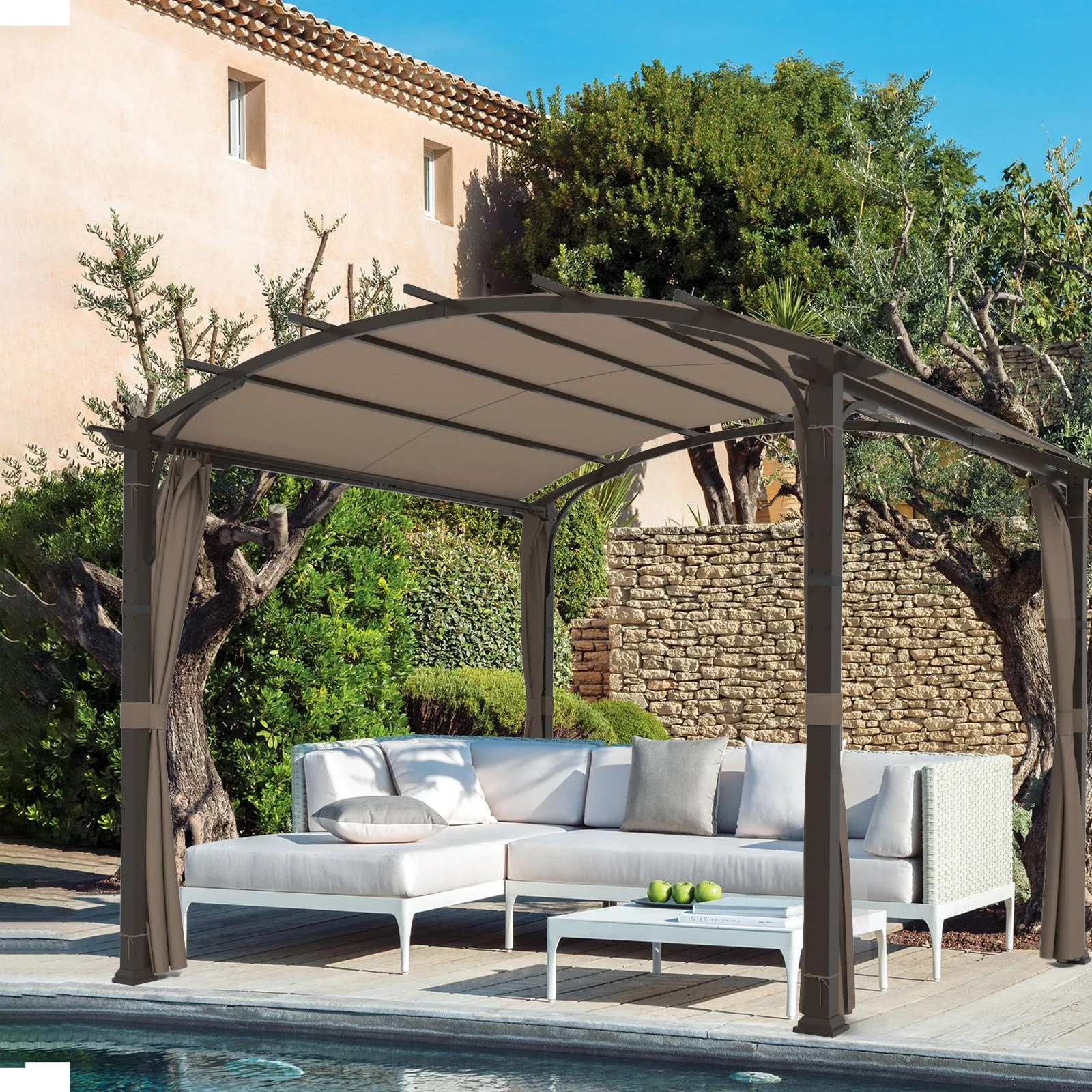 COOS BAY Outdoor Pergola 11x11, Patio Metal Sunshelter with Sidewall, Textilene Canopy Shade