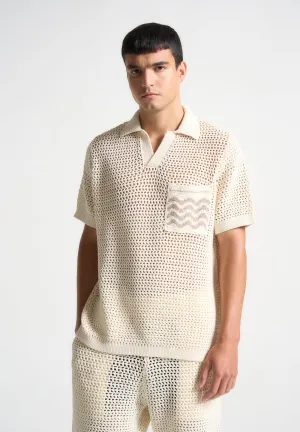 Crochet Knit Polo Shirt  - Cream