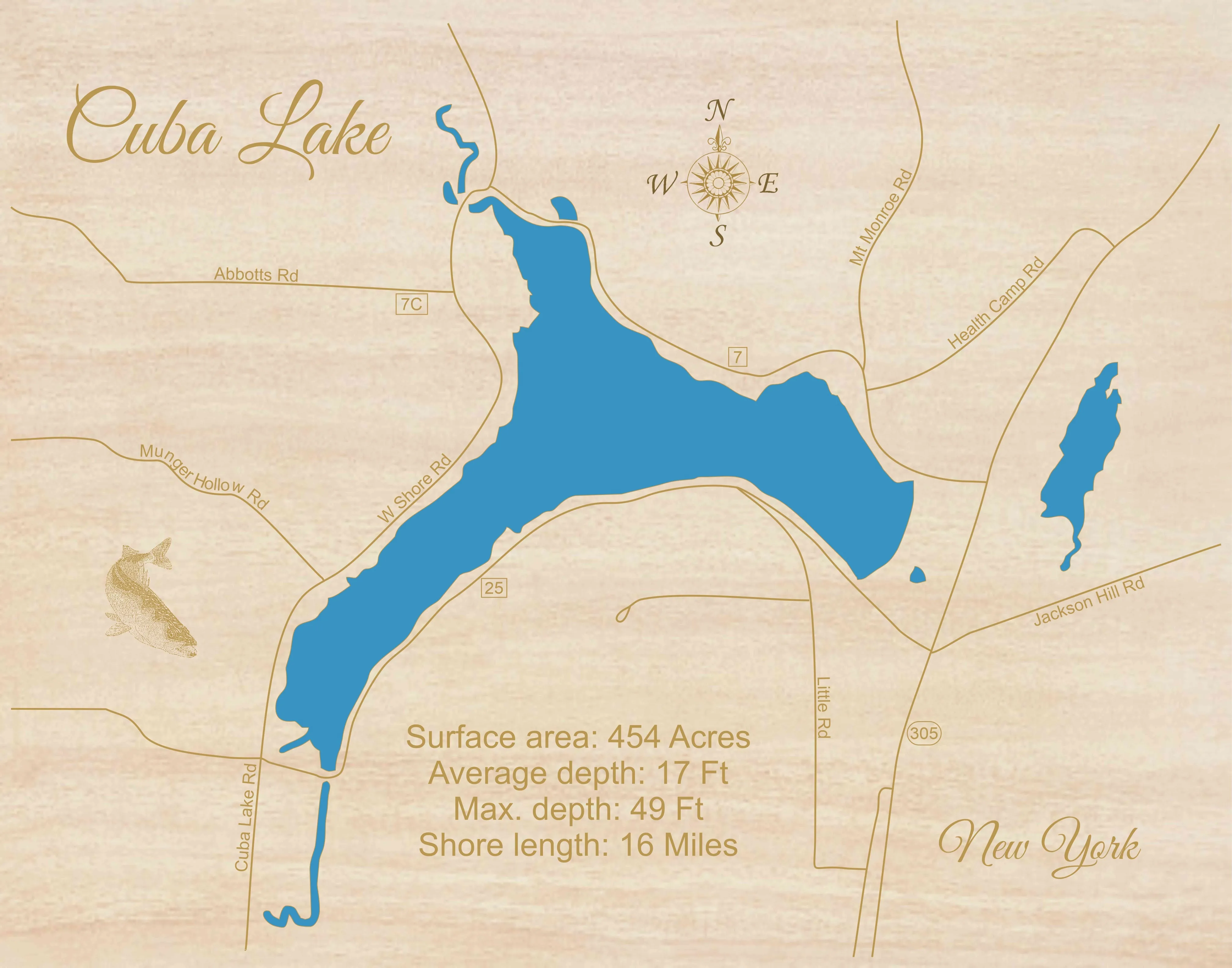 Cuba Lake, New York - Laser Cut Wood Map