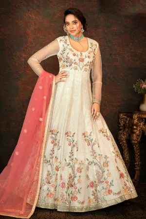 Floral Embroidered Cream Designer Wedding Anarkali Suit