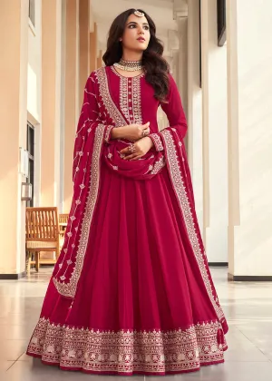 Georgette Magenta Pink Embroidered Indian Long Anarkali Dress