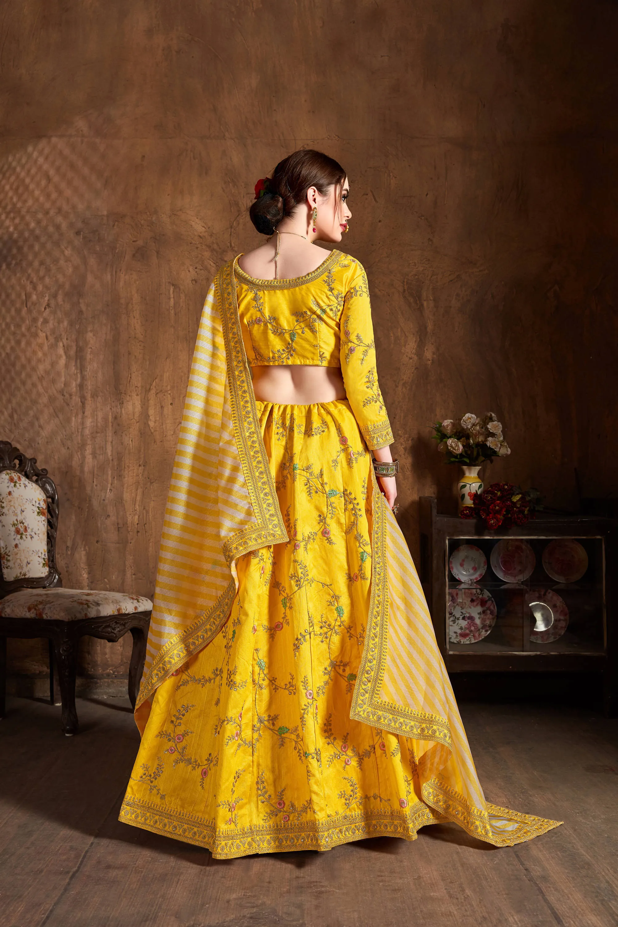 Glowing Yellow Thread Embroidery Mulberry Silk Wedding Lehenga Choli