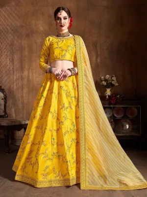 Glowing Yellow Thread Embroidery Mulberry Silk Wedding Lehenga Choli