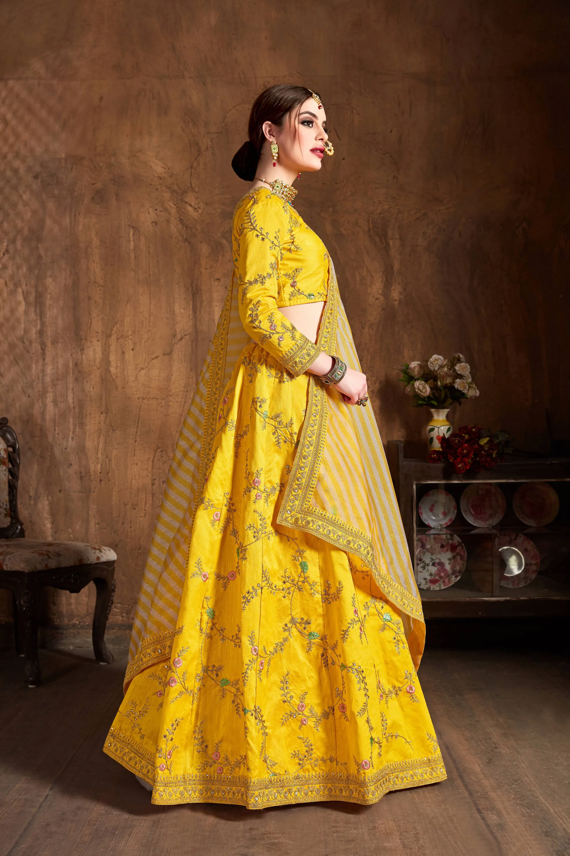 Glowing Yellow Thread Embroidery Mulberry Silk Wedding Lehenga Choli