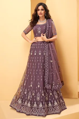 Grape Lavender Mirror Work Embroidered Wedding Lehenga