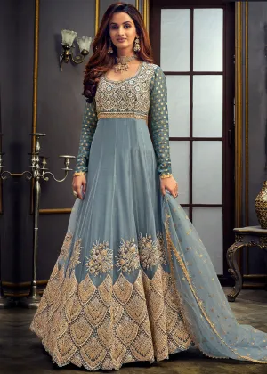 Grey Swarovski Georgette Abaya Style Anarkali Suit