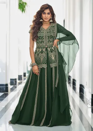 Indo Western Green Georgette Festive Party Lehenga Skirt Suit