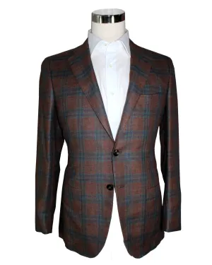 Kiton Sport Coat EU 48 - US 38 R Brown Turquoise Plaid Linen Cashmere Unlined Blazer REDUCED SALE