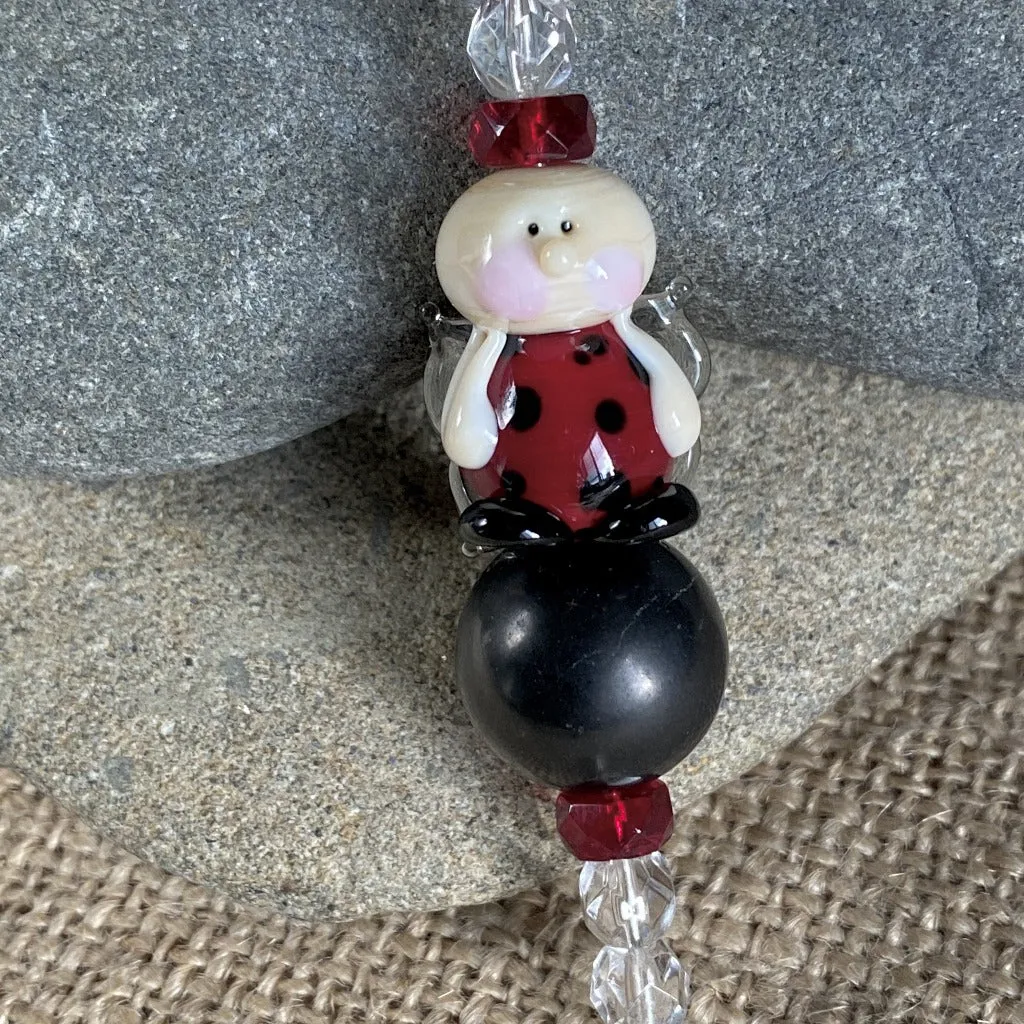 Ladybug Angel Shungite Plant Stake, Artisan Lampwork Glass Bead