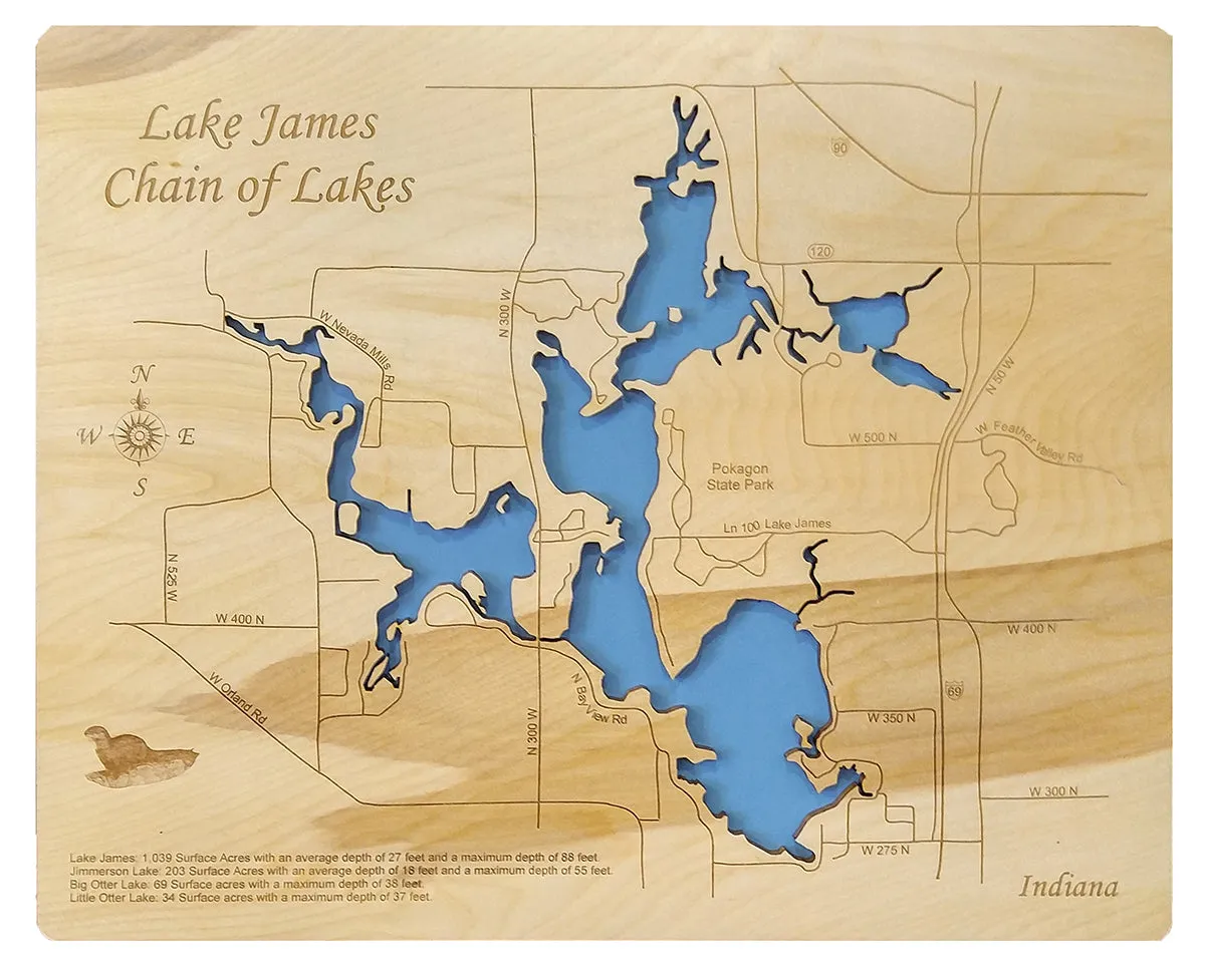 Lake James, Indiana - Laser Cut Wood Map