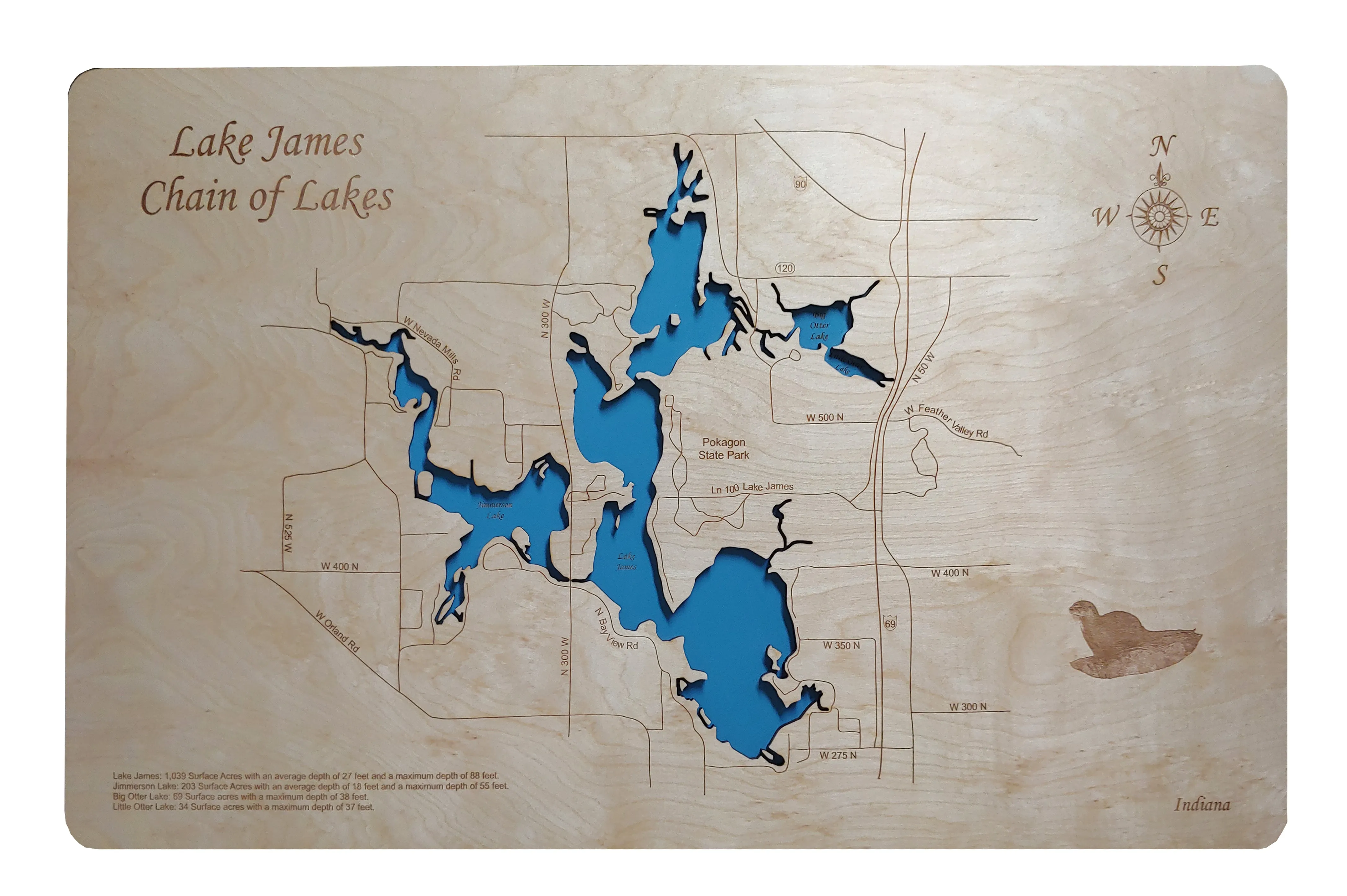 Lake James, Indiana - Laser Cut Wood Map