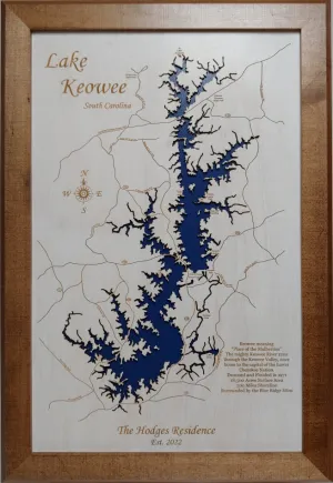 Lake Keowee, South Carolina - Laser Cut Wood Map