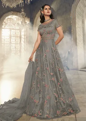 Light Grey Wedding Party Net Designer Anarkali Suit