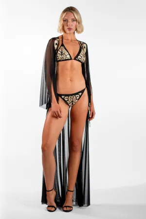 Melanie Black Gold Split Sleeve Sheer Long Cover-Up