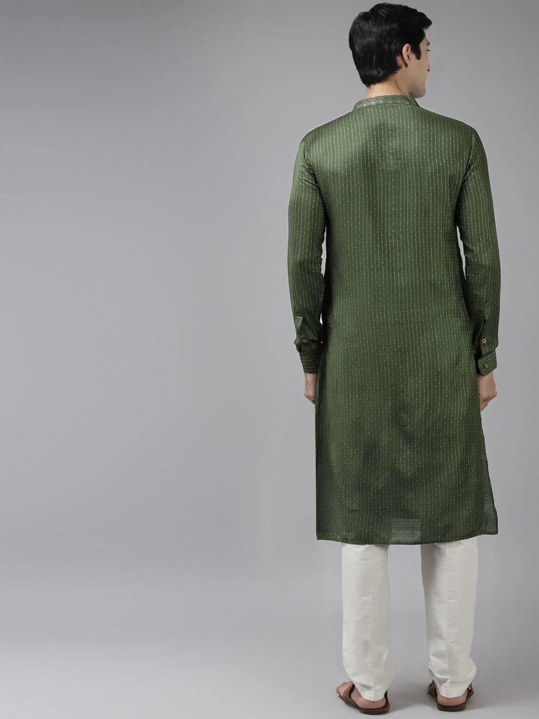 Men's Green & Beige Woven Design Thread Work Kurta - See Designs