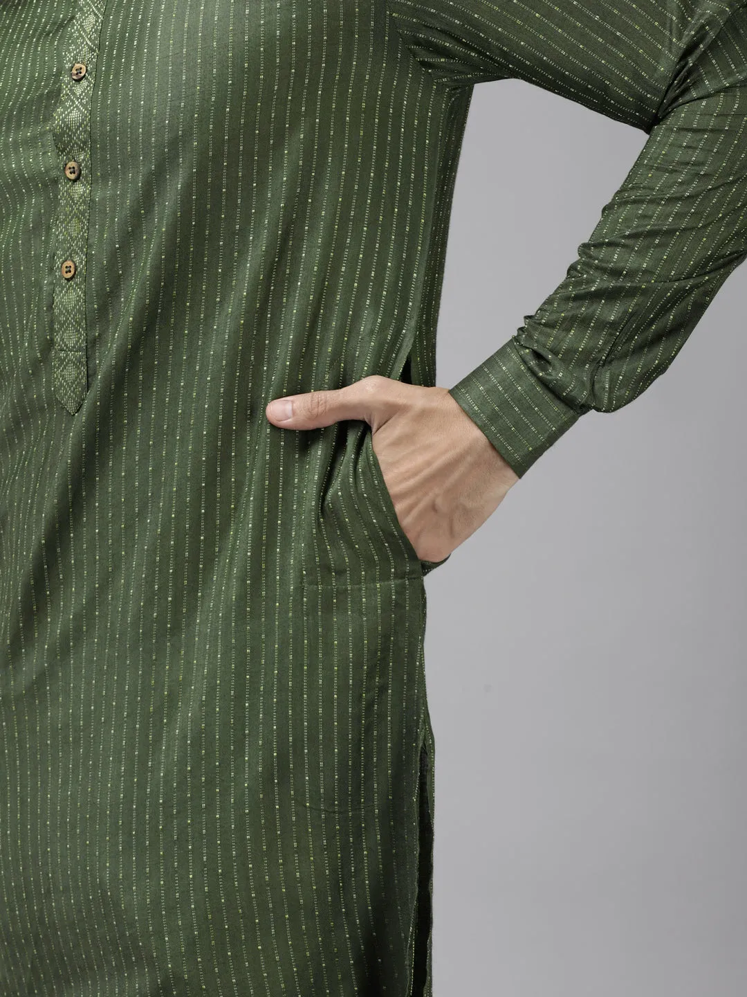 Men's Green & Beige Woven Design Thread Work Kurta - See Designs