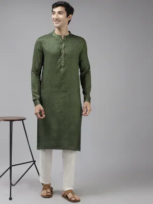 Men's Green & Beige Woven Design Thread Work Kurta - See Designs