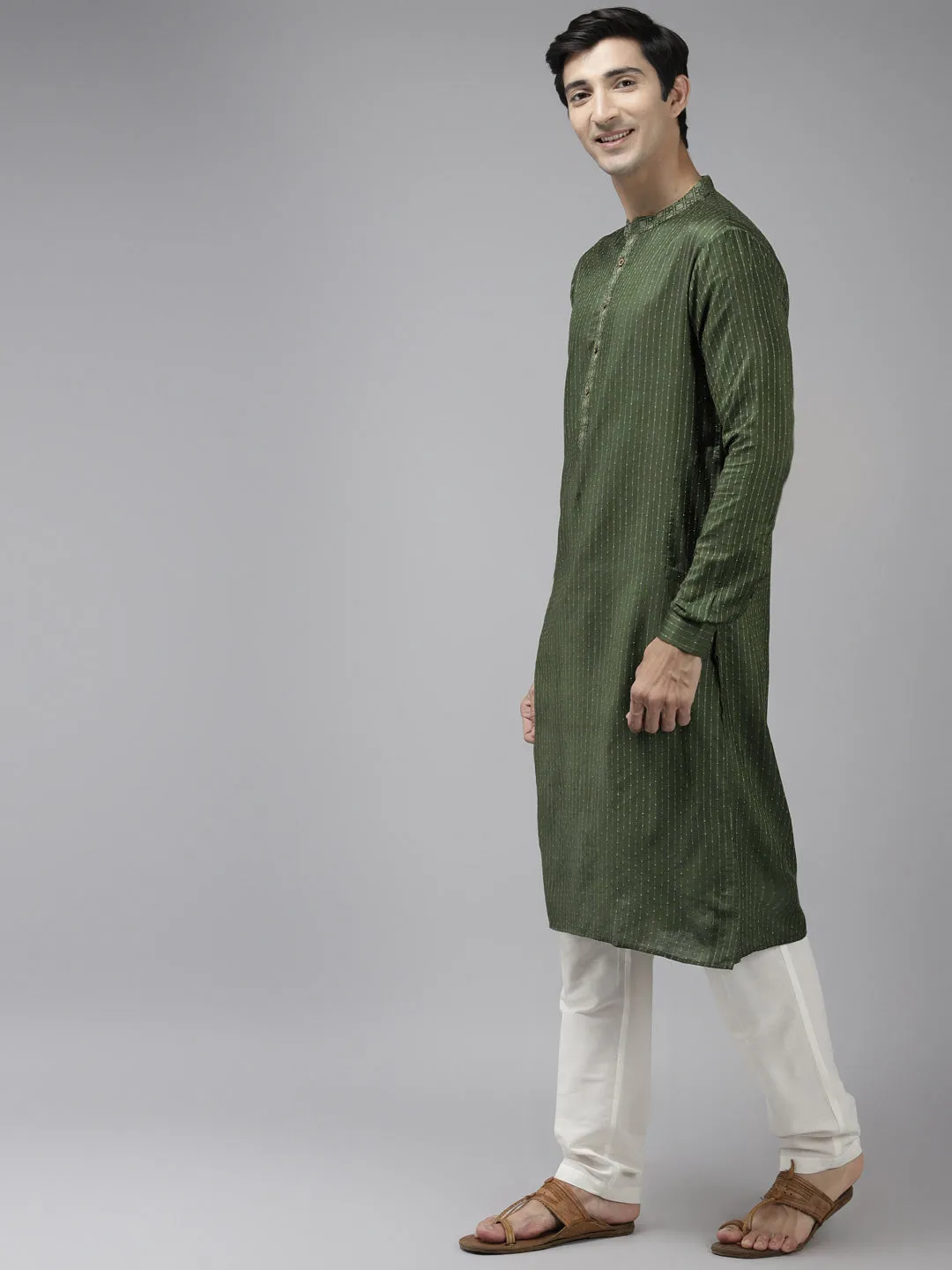 Men's Green & Beige Woven Design Thread Work Kurta - See Designs