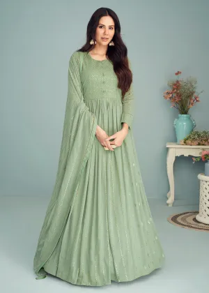 Pastel Green Georgette Embellished Wedding Anarkali Suit