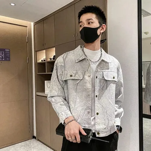 Patterned Denim Jacket Men's Casual Streetwear Outwear Loose Coat