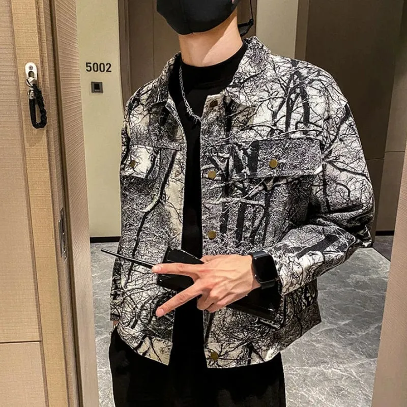 Patterned Denim Jacket Men's Casual Streetwear Outwear Loose Coat