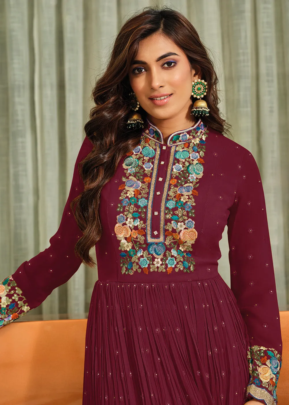 Plum Purple Flower Embroidered Georgette Anarkali Dress