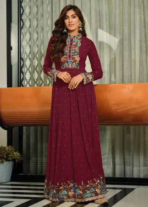 Plum Purple Flower Embroidered Georgette Anarkali Dress