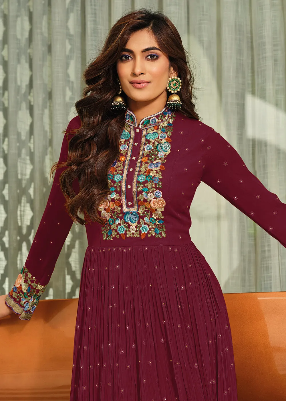 Plum Purple Flower Embroidered Georgette Anarkali Dress