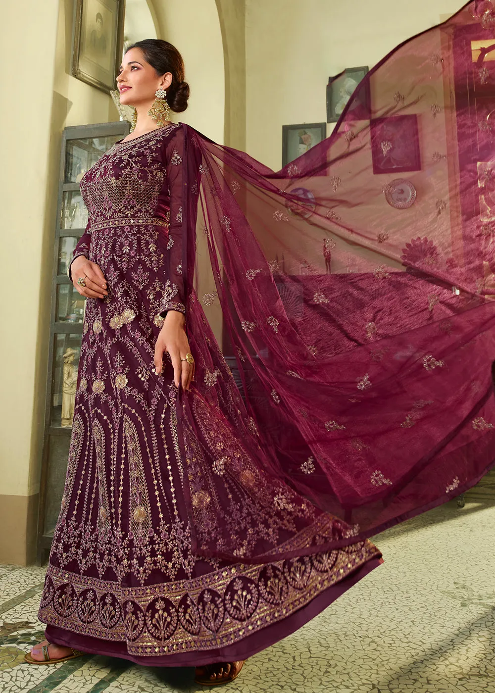 Slit Style Outstanding Purple Zari Embroidered Party Festive Anarkali