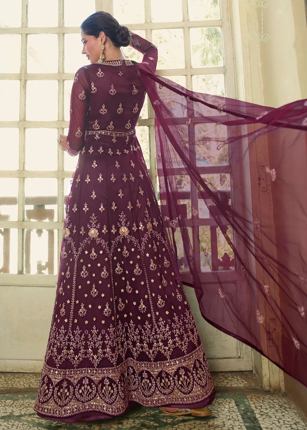 Slit Style Outstanding Purple Zari Embroidered Party Festive Anarkali