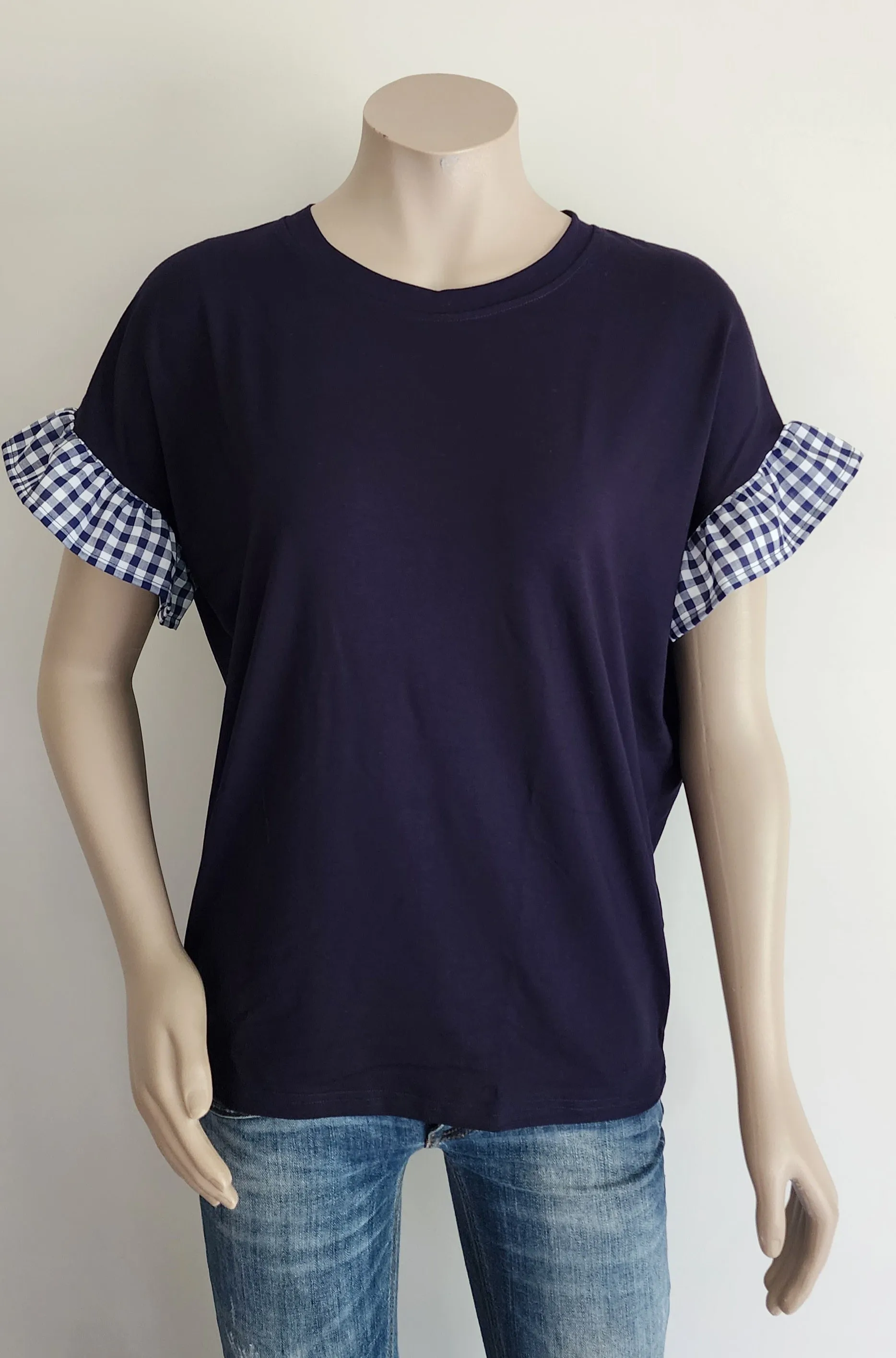 Slouchy Tee with Gingham Ruffle