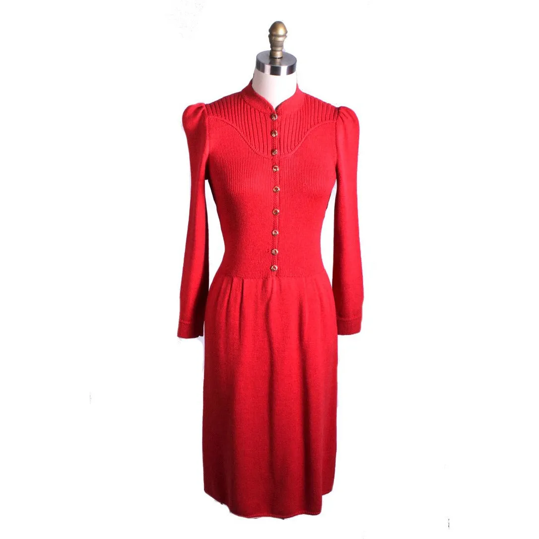 St. John Knit Vintage Red Wool Knit Dress  1970s S-M Amazing Buttons