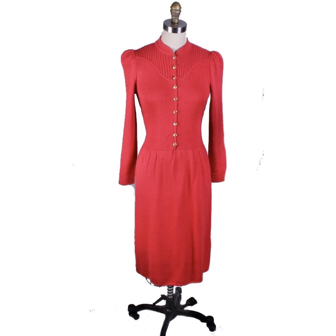 St. John Knit Vintage Red Wool Knit Dress  1970s S-M Amazing Buttons