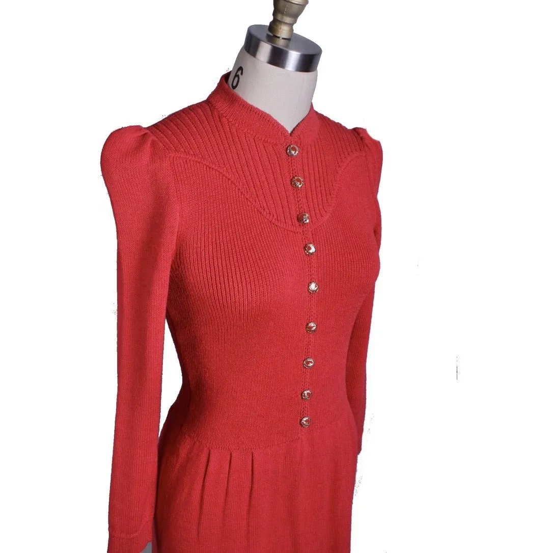 St. John Knit Vintage Red Wool Knit Dress  1970s S-M Amazing Buttons