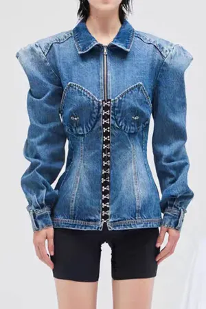 xiangtuibao Patchwork Gothic Hook And Eye Detail Denim Coat